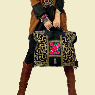 米娅原创民族风简约复古国潮刺绣休闲手提单肩包斜挎旅行包帆布包