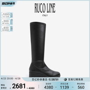 RUCO LINE如卡莱黑色纯皮高跟高筒不过膝长靴女时尚长筒靴厚底鞋