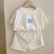 婴幼儿童装糖果色韩版棉休闲短袖套装薄款字母笑脸T恤短裤两件套