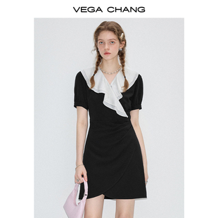 VEGA CHANG短袖连衣裙女2024年夏季设计感显瘦荷叶领小黑裙子
