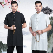 中国风中式夏季汉服，全棉男士唐装短袖上衣，中老年中长款半袖衬衫