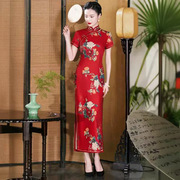 高端复古老上海旗袍女士改良中式年会气质红色连衣裙走秀修身长款