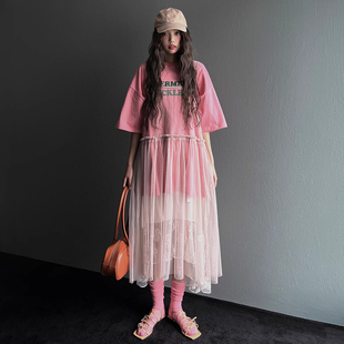 韩国chic夏季甜美气质字母，印花短袖t恤+透明网纱吊带连衣裙两件套