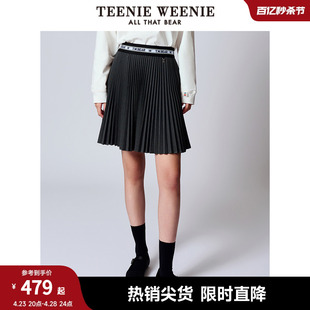 TeenieWeenie小熊2024年气质风琴褶黑色半身裙高腰修身短裙女