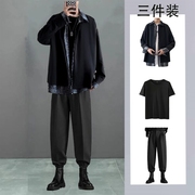 春秋季韩版ins暗黑系豹纹假两件衬衫叠穿长袖衬衣三件套套装