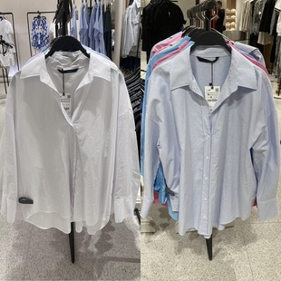ZA 蓝白色条纹府绸长袖宽松纯色衬衫衬衣女装 ra02495702044