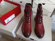 德国so外贸女短靴小尖头，酒红色压纹漆皮绑带低跟马丁靴36-43