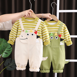 婴儿童春秋套装韩版可爱恐龙长袖t恤+背带裤童装1一5岁男宝宝衣服