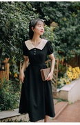 娃娃领连衣裙少女生夏装2024初，中高中学生法式复古黑色长裙子