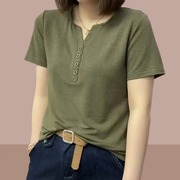 绿色纯棉短袖t恤女2024夏季宽松纽扣圆领纯色体恤正肩上衣