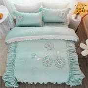 韩式纯棉仙女立体手工盘花绗缝绣花菲边多用被床盖枕套四件套