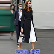 凯特王妃同款2024春季女装黑白拼接压褶修身西装连衣裙（配腰带）