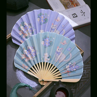 古风小扇子日式和风复古素色，刺绣棉布贝壳扇葵形扇配旗袍折叠夏天