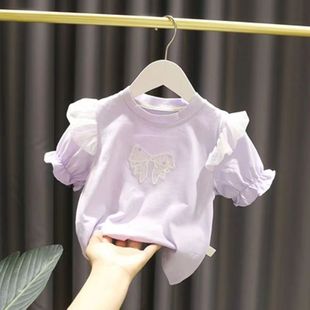 1-5岁女宝宝网纱小飞袖，上衣女婴儿夏装薄款女童，亮片蝴蝶结纯棉t恤