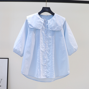 小清新浅蓝色棉衬衫女娃娃领五分袖衬衣，2023夏季减龄百搭休闲上衣