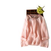 2024夏款女装苎麻纯色七分袖衬衫圆翻领折褶宽松大码森女文艺上衣