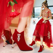 秋冬季婚鞋女2023年秀禾服婚纱两穿红色，高跟鞋新娘鞋结婚靴子