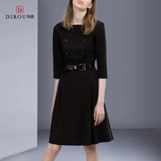 时尚气质连衣裙2024春季五分袖黑色显瘦收腰高级系带双排扣