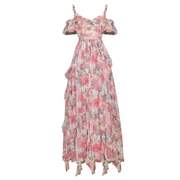 春夏吊带短袖粉色复古印，花网纱木耳边a字，长裙连衣裙女礼服常规袖