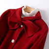红色毛呢大衣纯羊毛双面毛呢领口蝴蝶结宽松显瘦中长款外套上衣女