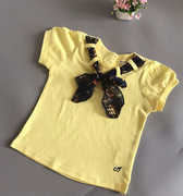 韩国童装潮品店夏季女童纯色薄款圆领搭时尚丝巾配饰短袖T恤
