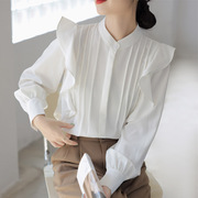时尚韩版白色雪纺长袖衬衫女2023秋款气质衬衣荷叶边上衣