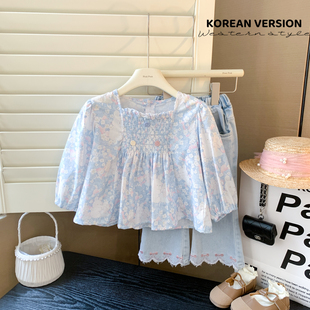 女童套装2024春装韩版儿童，可爱花朵衬衫女宝宝牛仔裤子两件套