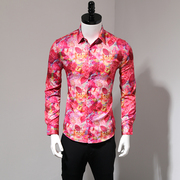 长袖衬衫男秋季潮牌时尚个性粉红色花卉休闲印花免烫抗皱修身上衣