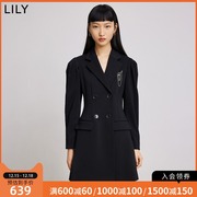 lily2022春女装复古泡泡袖气质，双排扣收腰显瘦黑色西装连衣裙