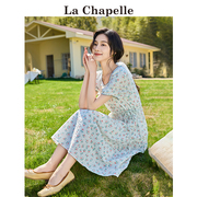 拉夏贝尔/La Chapelle法式泡泡袖碎花连衣裙女夏系带收腰显瘦裙子