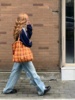 复古格纹橙色托特包上课大容量通勤单肩包高颜值格子帆布包购物袋