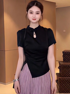 新中式国风盘扣短袖衬衫女设计感不规则下摆开叉，气质收腰显瘦上衣
