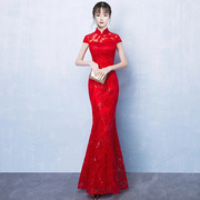 长款鱼尾蕾丝改良旗袍2023夏红色(夏红色)结婚敬酒服性感修身显瘦礼服
