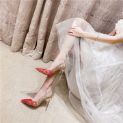 婚鞋2021年金色水晶亮片高跟婚纱鞋女红色宴会新娘鞋平时可穿