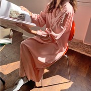 韩国chic2024春季宽松大码胖MM慵懒长裙粉红色长袖中长连衣裙
