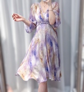 欧洲站名媛气质V领钉珠紫色真丝双绉拼雪纺高腰中长款连衣裙
