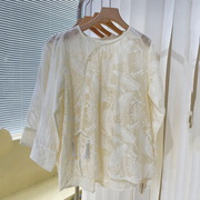 米白色中式国风绣花长袖衬衫上衣女春季刺绣宽松透视防晒罩衫