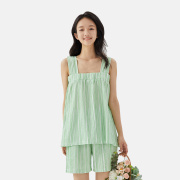 2024睡衣套装简约绿色条纹外穿休闲舒适透气女生夏季薄款宽松