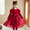秋冬款长袖女童红色，连衣裙加绒加厚公主，裙子儿童蓬蓬纱裙演出礼服
