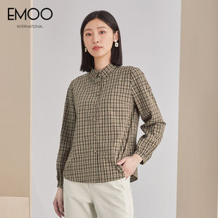 EMOO杨门秋季复古格子竹纤维舒适衬衫女长袖英伦风衬衣
