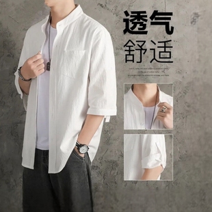 亚麻衬衫男衬衣宽松男装，中国风夏季棉麻男士外套七分袖衣麻布薄款