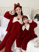 网红亲子装母女装冬季法兰绒珊瑚绒睡衣套装女童洋气甜美居服套装