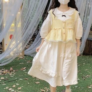 温柔两件套日系甜美娃娃领五分袖连衣裙+背带背心马甲夏季套装女