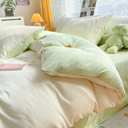 夏季简约双拼纯色四件套床单被套罩非全棉纯棉学生宿舍床上用品三