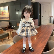 ins2024春装婴幼儿童女宝宝格子吊带，裙裤+娃娃，领打底上衣2件套装