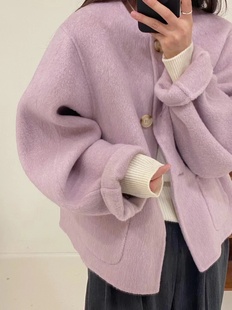 宽松紫色圆领短款双面羊绒大衣女小香风小个子羊毛呢外套2023春装