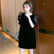 MIUCO优雅圆领拼接花苞袖型黑色显瘦好穿气质连衣裙