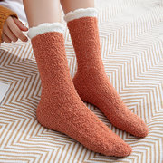 秋冬保暖珊瑚绒袜女加绒睡眠袜毛绒中长筒产后可爱毛巾加厚地板袜