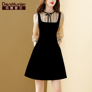 丹慕妮尔法式复古黑色连衣裙，女春秋时尚收腰显瘦丝绒裙子