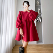 法式气质荷叶边针织孕妇，连衣裙2023冬季领内搭红色，宽松毛衣裙(毛衣裙)